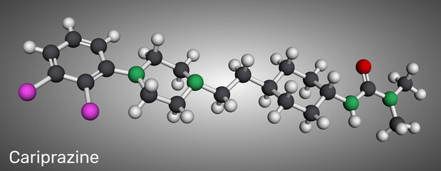 Cariprazine molecule. Atypical antipsychotic medication used to treat schizophrenia and bipolar disorder. Molecular model. 3D rendering. Illustration