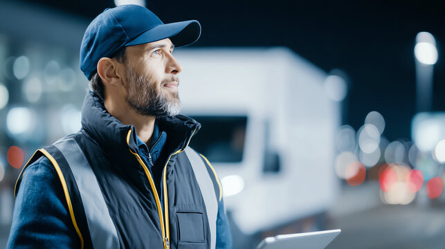 A confident logistics worker examines data on a tablet, illuminated by city lights during nighttime operations, showcasing urban efficiency.