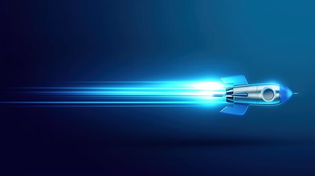 Futuristic blue rocket with glowing light speed trail flying through air, dynamic motion blur and wide-angle perspective, vector illustration in modern technology style with blue gradient background a