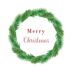 Christmas watercolor round wreath of spruce branches. Winter wreath of green conifer branches, traditional holiday decor. Christmas background for greeting cards. Round frame with space for text.