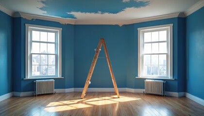 Blue room under renovation with ladder. Walls, ceiling are being painted. Apartment gets modern renovation. Interior design project with new seaworthy color in residential house during refurbishment.