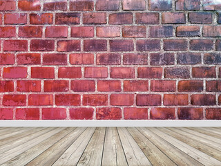 Old red brick wall in empty room with floor