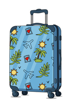Blue suitcase vector illustration plane, heart, palm tree, leaves patterned design on transparent background