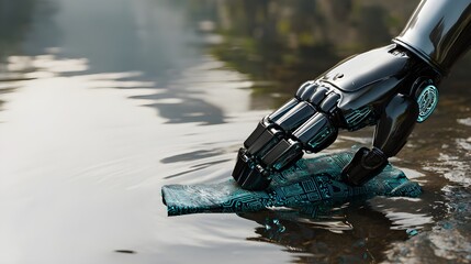 Futuristic eco-robot cleaning a river with glowing cyan circuits. Futuristic and sustainable design.