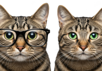 Two tabby cats sidebyside, one wearing glasses and the other without, with green eyes and transparent background