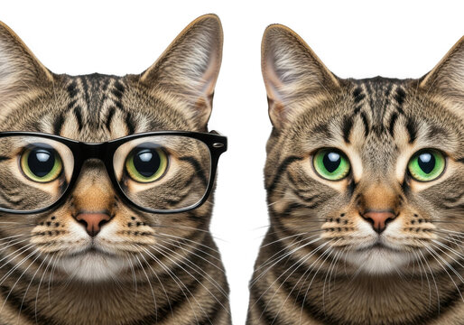 Two tabby cats sidebyside, one wearing glasses and the other without, with green eyes and transparent background