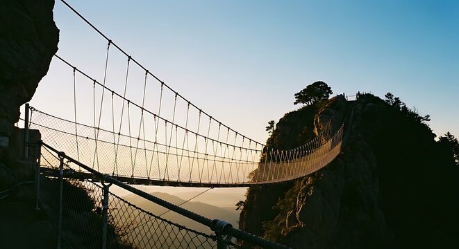 Suspension bridge silhouette against the sky at sunset, scenic landscape view.