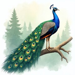 Obraz premium Majestic peacock bird with ornate tail feathers rests on tree branch. Rich green forest background with misty trees creates tranquil nature scene. Elegant fowl displays vibrant plumage.