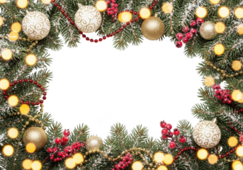 Christmas wreath with baubles, berries and lights, isolated on transparent background