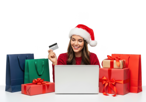 Woman in santa hat holding credit card and shopping online with gift boxes and bags, isolated on transparent background