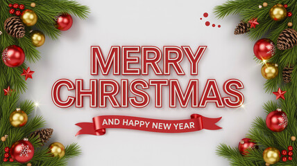 A festive christmas scene featuring red ornaments pine branches gold accents and a merry christmas message