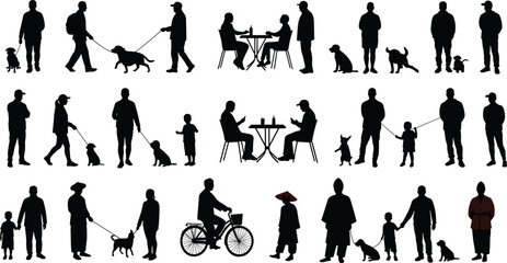 Silhouettes, people, animals, walking, sitting, talking, family, dog walking, urban, lifestyle, vector, diverse, everyday, interaction, posture, bicycle, casual, traditional, minimal, design