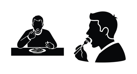Two black silhouettes of men eating one at a table another in profile