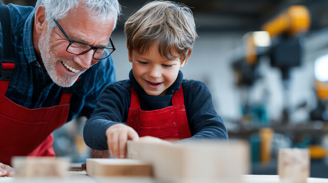 A grandfather and grandson joyfully woodworking together, sharing a creative experience in a workshop filled with tools and inspiration.