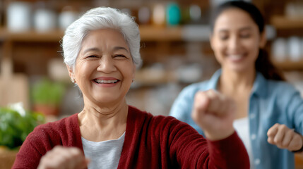 A joyful elderly woman shares a fun moment with a younger woman, showcasing vibrant expressions and a warm connection.