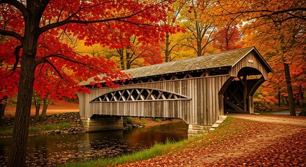 A rustic wooden covered bridge over a tranquil stream provides a picturesque and scenic Fall Background with vibrant autumn colors