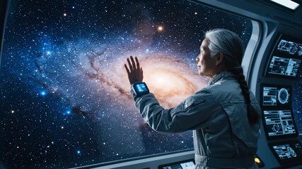 Astronaut woman touches observation window. She watches galaxy and stars from space. Inside spaceship she monitors console and technology wearing smartwatch. Image suggests exploration and discovery.