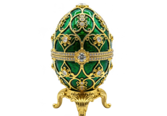 Ornate faberg style egg, green enamel and gold, decorated with crystals, isolated on transparent background
