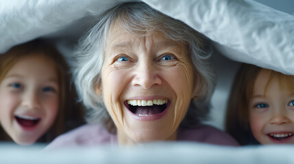 A joyful moment of a grandmother and her two grandchildren smiling under a blanket, sharing love and laughter.