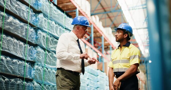 Upset, manager and men with clipboard, factory and mistake on distribution, shipping and discussion. Unhappy, supervisor and people with checklist for logistics, warehouse and stock delivery delay