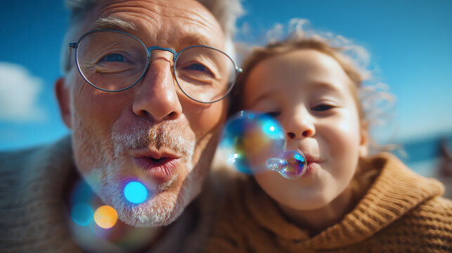A joyful moment shared between a grandfather and his granddaughter, both blowing bubbles with smiles under a bright blue sky.
