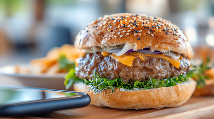 A mouthwatering hamburger with fresh ingredients, served with fries on a wooden table, ideal for food lovers and restaurant menus.