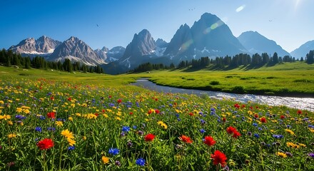 Obraz premium Vibrant Wildflower Meadow with River and Majestic Mountains.