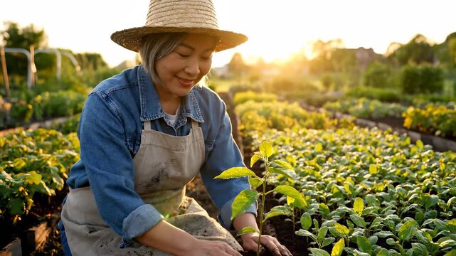 Planting seedling in nursery bed. Woman uses hands to place seedling in soil. Gardening apron and sunhat visible. Rows of young plants fill frame. Composition highlights sustainability. Sunset light.