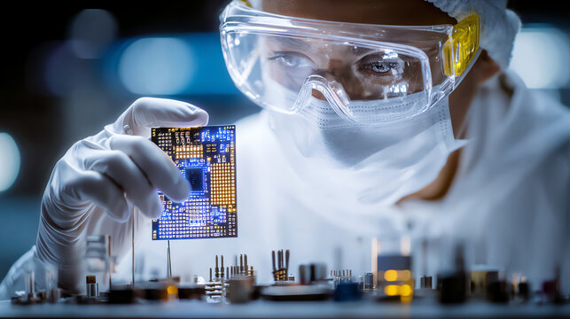A scientist inspects a microchip in a sterile lab environment, showcasing precision in advanced technology and innovation.