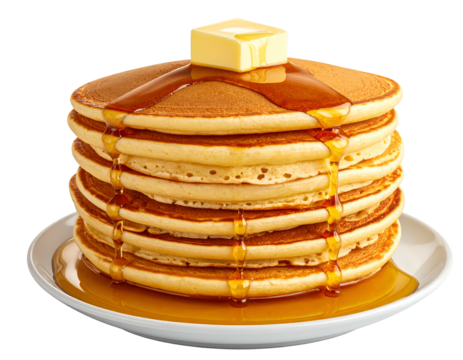 Golden stack of fluffy pancakes with melting butter and syrup
