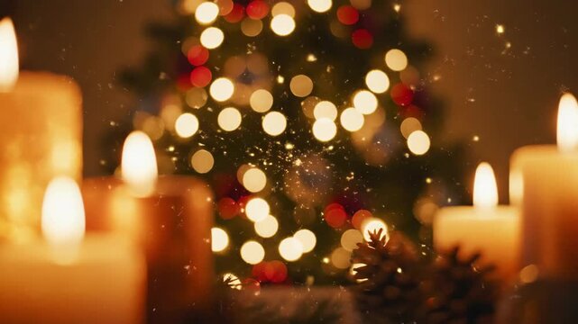 Soft glow of candles with decorated Christmas tree in background  
