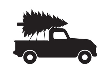 Vintage pickup truck carrying a Christmas tree silhouette vector icon on white background
