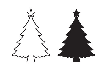 Christmas tree with a star icon set in outline and silhouette styles, isolated on a white background