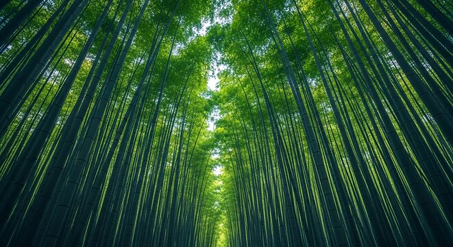 Low angle perspective looking up through a towering green bamboo forest.