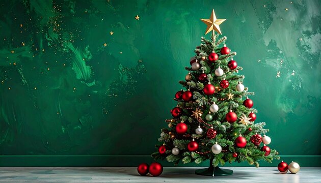 &aacute;rbol de Navidad bellamente decorado con un fondo verde con un suave degradado texturizado. El &aacute;rbol est&aacute; adornado con bolas navide&ntilde;as rojas, doradas y blancas, as&iacute; como con estrellas doradas