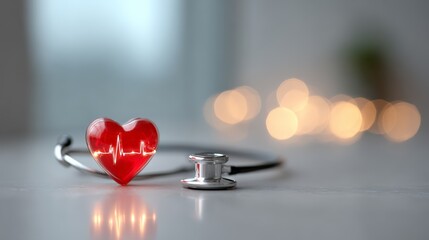 Red translucent heart with an illuminating ekg heartbeat line, placed beside a stethoscope on a light gray surface, symbolizing cardiology, healthcare, and medical wellness
