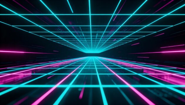 Futuristic digital landscape with a glowing neon grid in cyan and pink extending to a vanishing point.