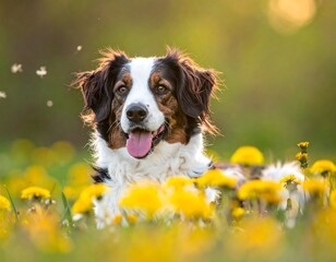 A fluffy dog smiles amongst yellow dandelions in soft sunlight