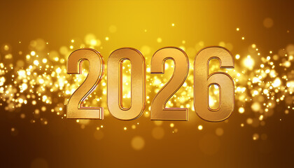 3d rendering of golden light shine particles bokeh over golden background and the numbers 2026 in gold - represents the new year - vacation concept.