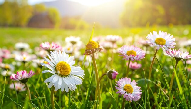 Daisy Meadow in Spring Sunlight - A Vibrant Floral Landscape. - Powered by Adobe