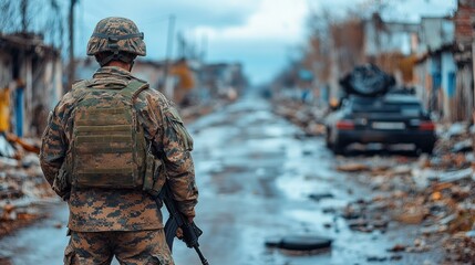 Naklejka premium Soldier stands guard in a war-torn street