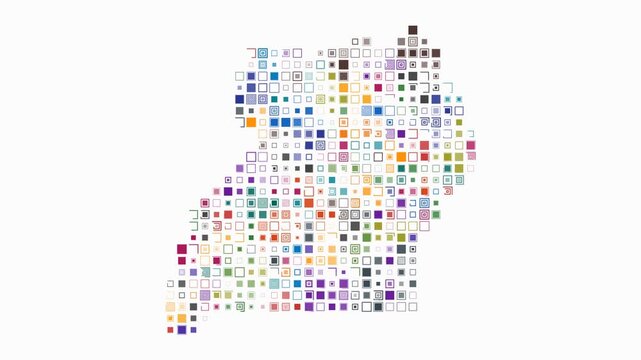 Uganda animated country shape. Pulsating colored dots on the map of the country. Large size square blocks. Digital style Uganda map on white background. Trending animation video.