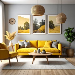 Cozy Living Room with Yellow Sofa and Natural Accents.