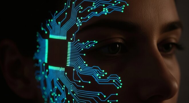 Artificial Intelligence Concept Woman Face With Circuit Board Technology