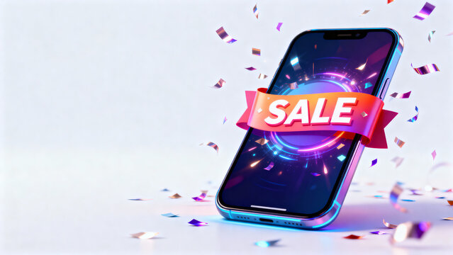 Smartphone displaying sale notification with confetti background, symbolizing online shopping, space for text
  