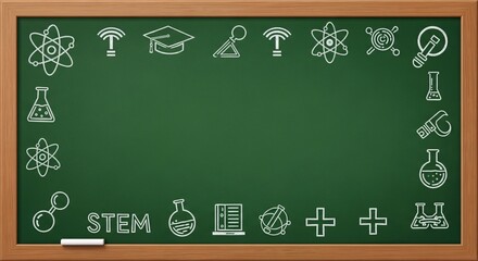 Fototapeta premium STEM Education Green Chalkboard Frame Science Icons Chalk Drawing Background