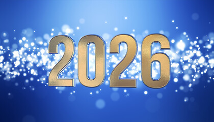 3d rendering of golden light shine particles bokeh over blue background and the numbers 2026 in gold - represents the new year - vacation concept.