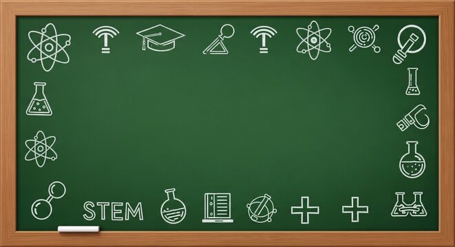 STEM Education Green Chalkboard Frame Science Icons Chalk Drawing Background