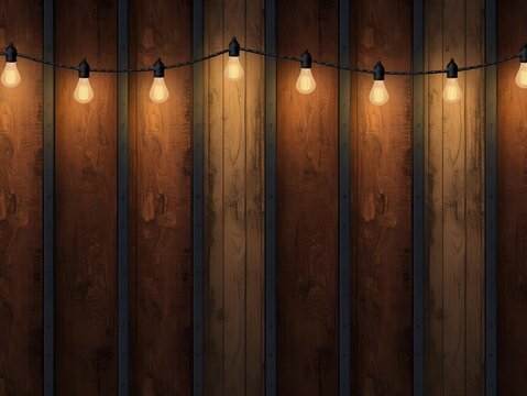Warm glowing string lights illuminate rustic wooden wall, creating cozy ambiance - Powered by Adobe