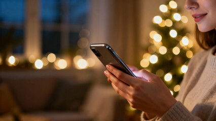 Woman using smartphone while sitting indoors by Christmas tree lights, symbolizing online shopping, space for text
  